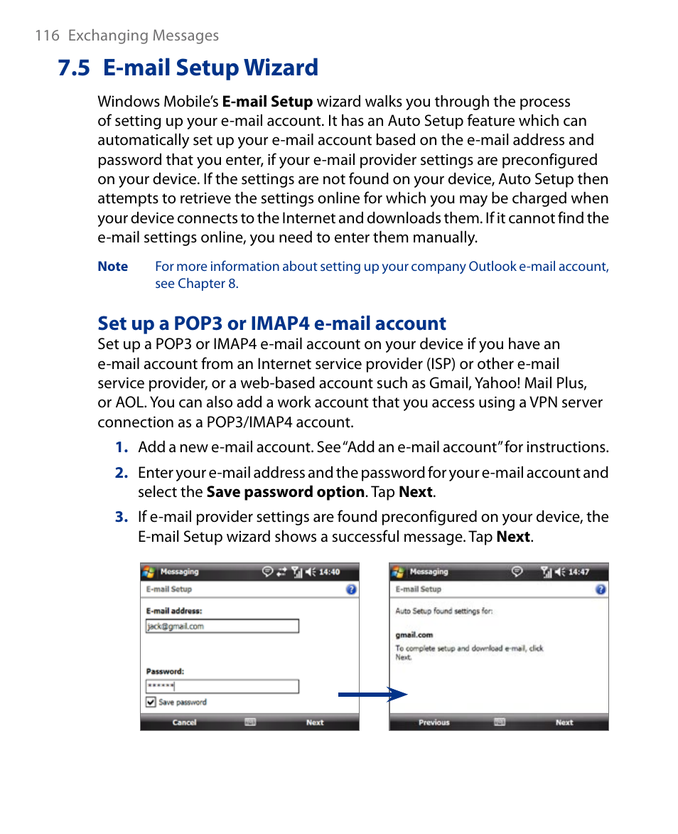 5 e-mail setup wizard, Set up a pop3 or imap4 e-mail account | Insignia X7510 User Manual | Page 116 / 241