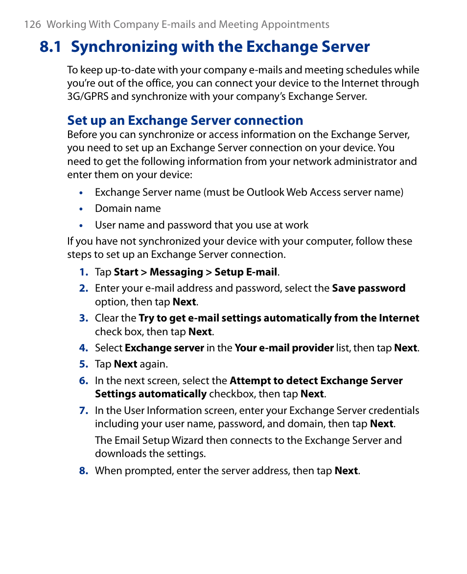 1 synchronizing with the exchange server, Set up an exchange server connection | Insignia X7510 User Manual | Page 126 / 241