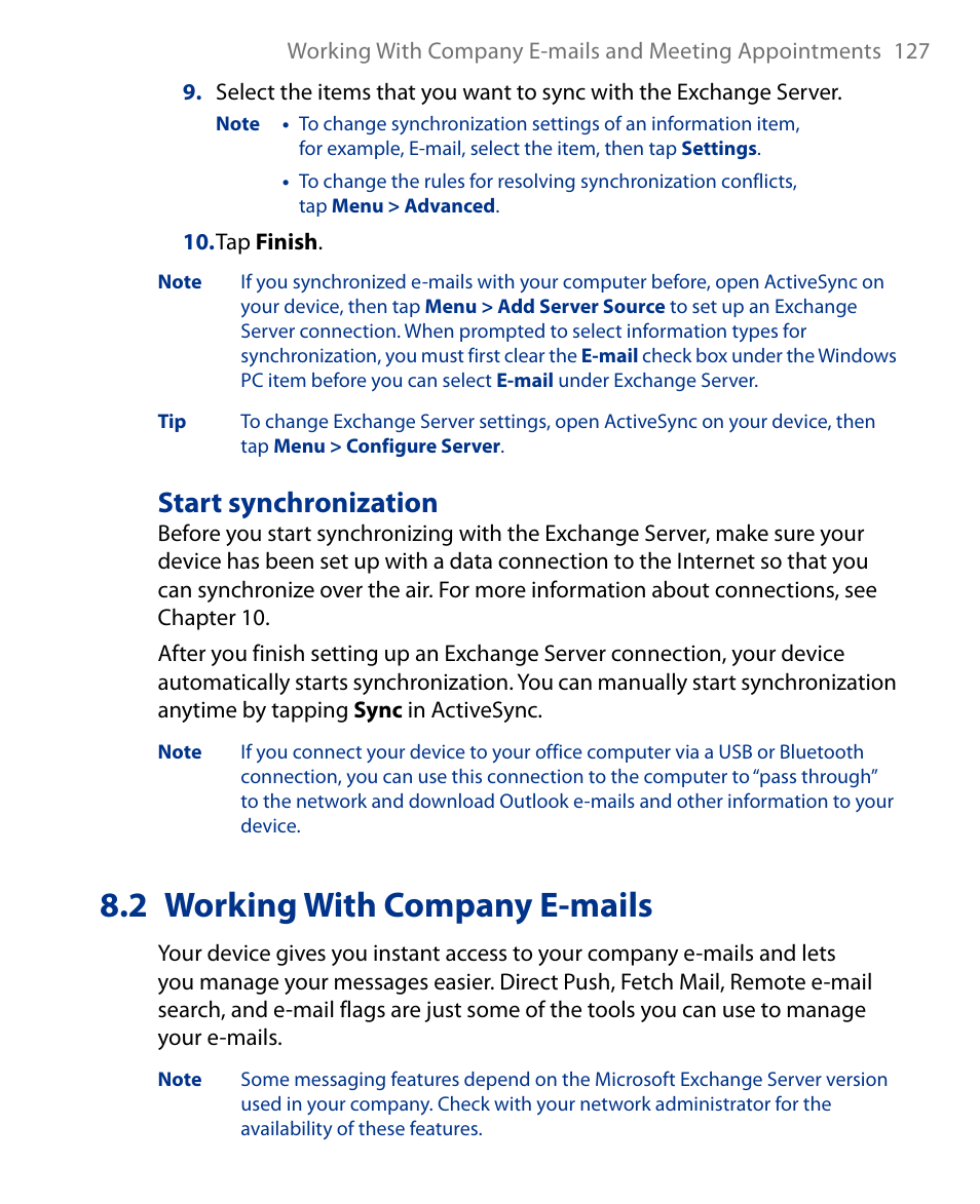 2 working with company e-mails, Start synchronization | Insignia X7510 User Manual | Page 127 / 241