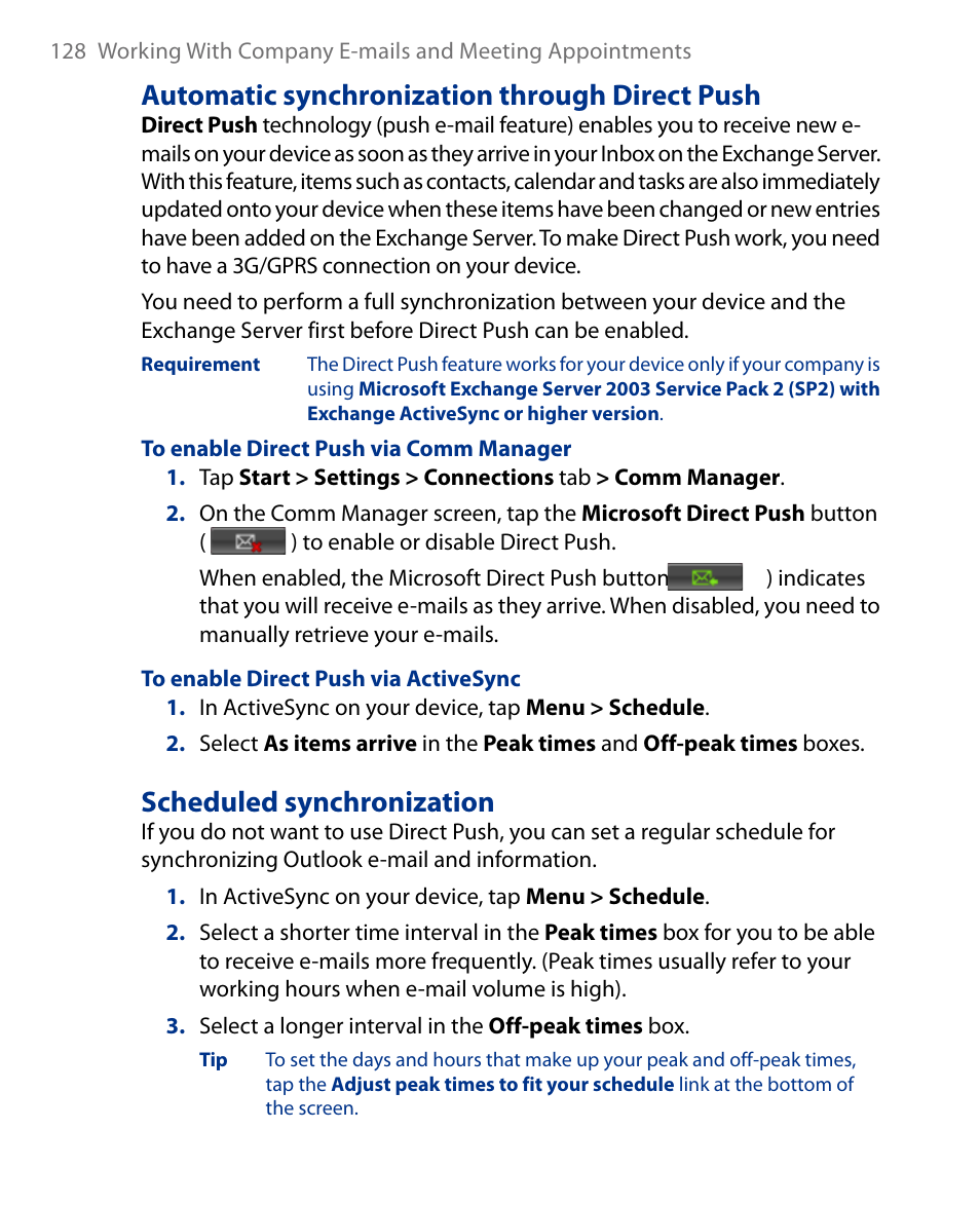 Automatic synchronization through direct push, Scheduled synchronization | Insignia X7510 User Manual | Page 128 / 241