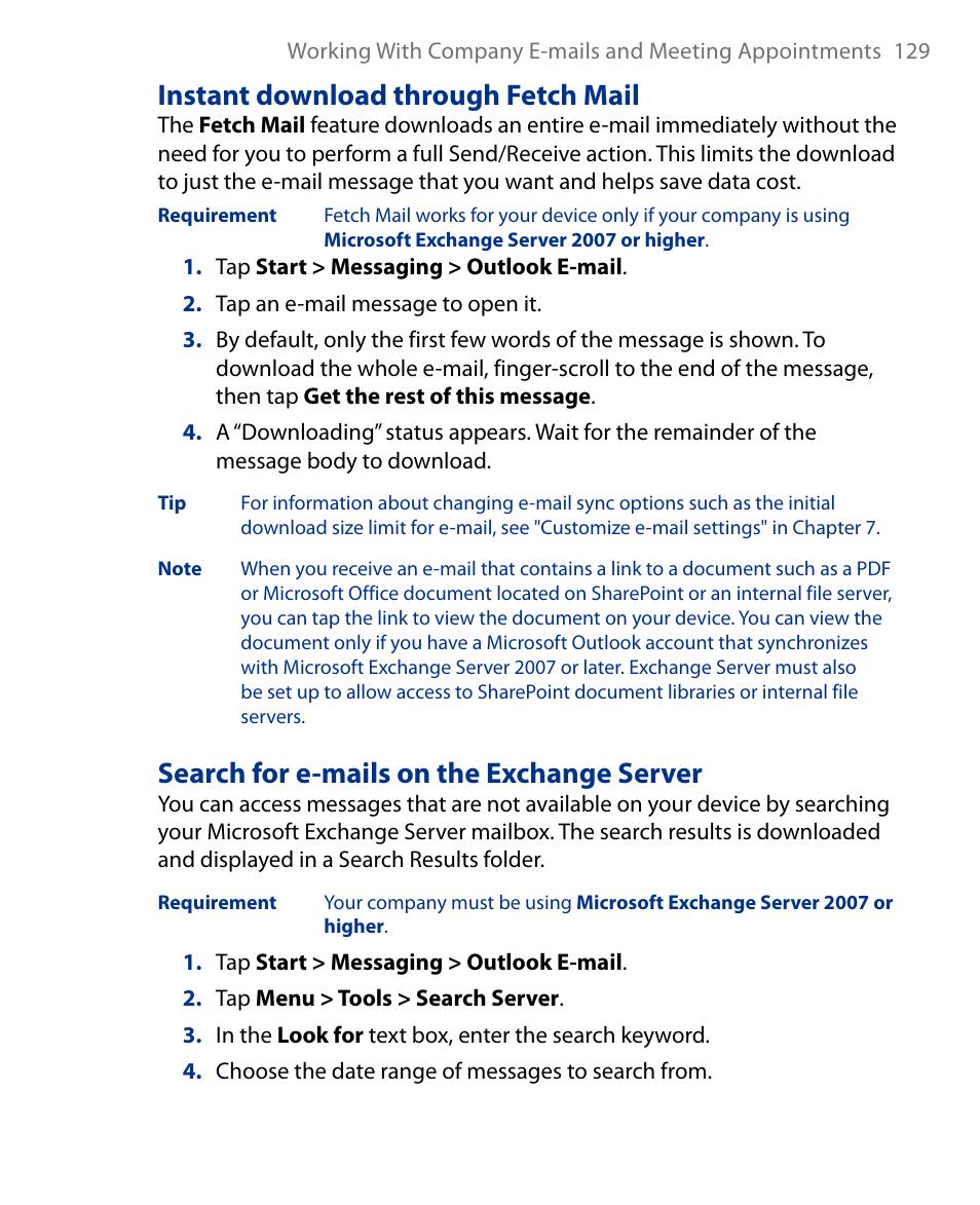 Instant download through fetch mail, Search for e-mails on the exchange server | Insignia X7510 User Manual | Page 129 / 241