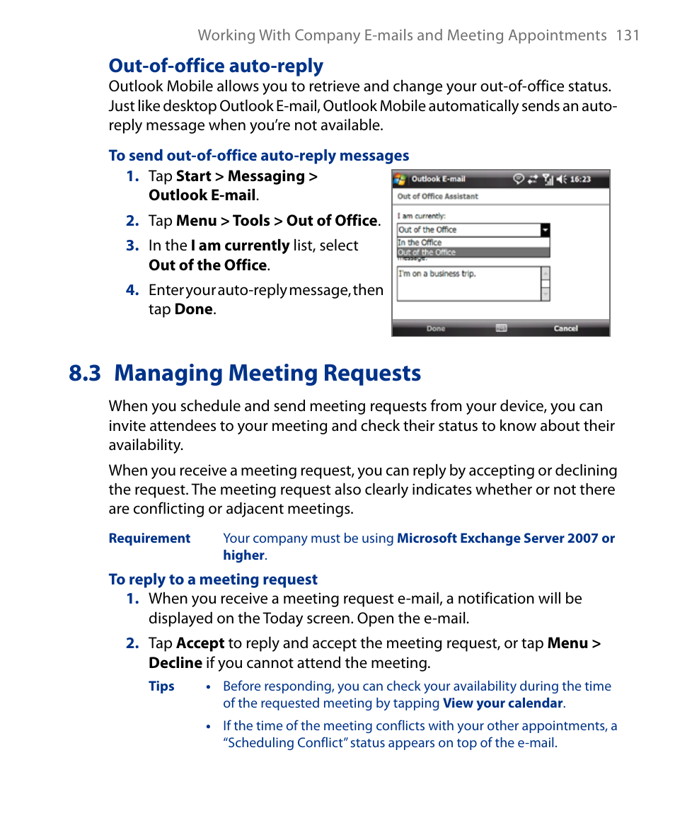 3 managing meeting requests, Out-of-office auto-reply | Insignia X7510 User Manual | Page 131 / 241