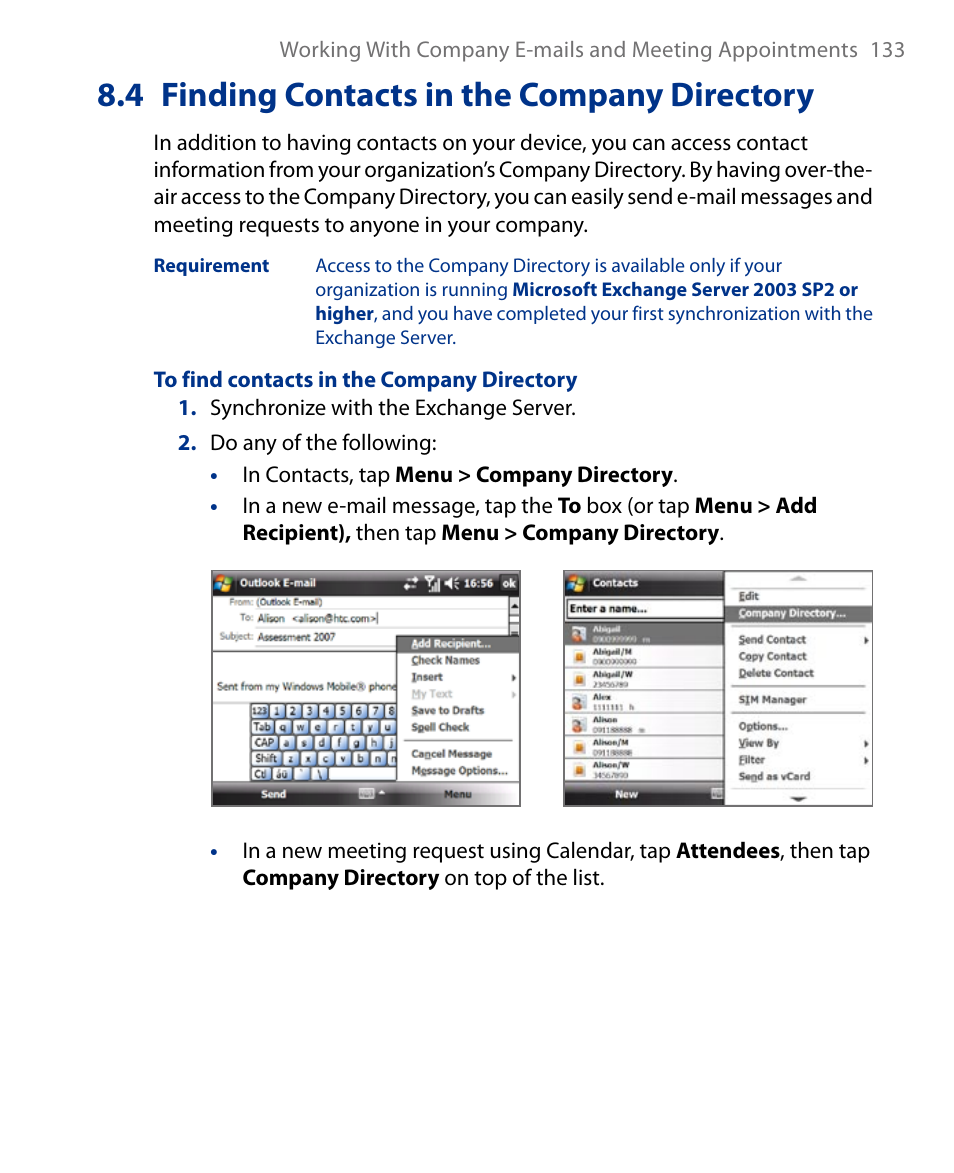 4 finding contacts in the company directory, 4 finding contacts in the company, Directory | Insignia X7510 User Manual | Page 133 / 241