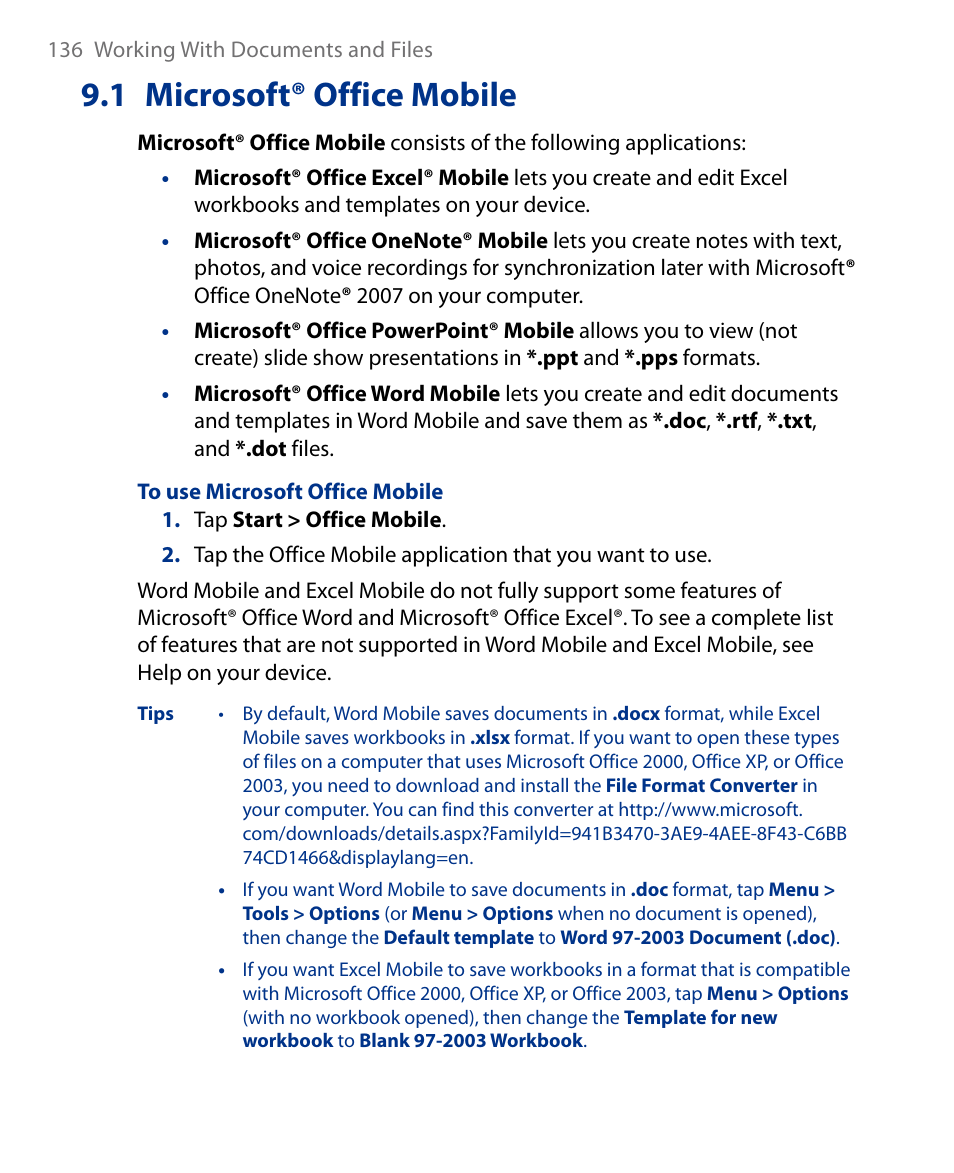 1 microsoft® office mobile | Insignia X7510 User Manual | Page 136 / 241