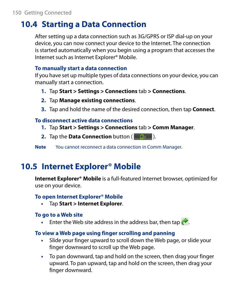 4 starting a data connection, 5 internet explorer® mobile | Insignia X7510 User Manual | Page 150 / 241