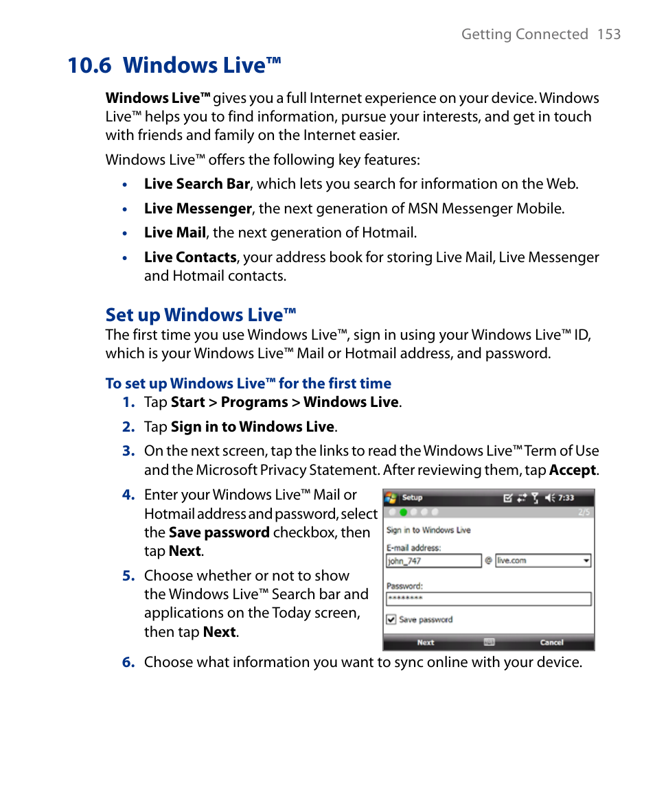 6 windows live, Set up windows live | Insignia X7510 User Manual | Page 153 / 241