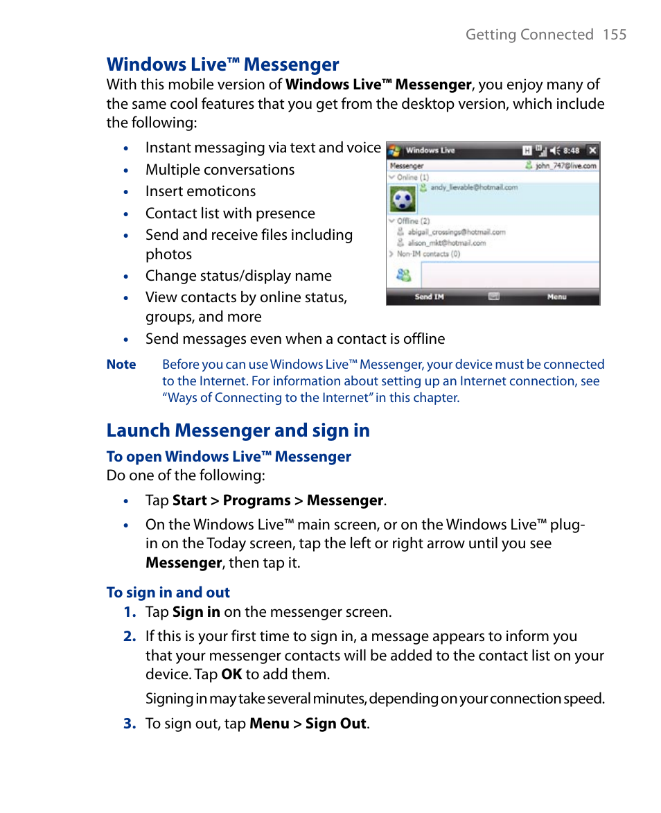 Windows live™ messenger, Launch messenger and sign in | Insignia X7510 User Manual | Page 155 / 241