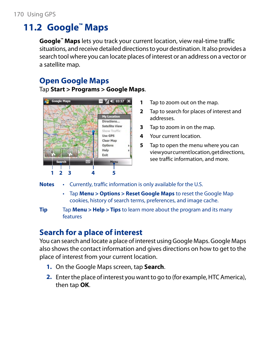 2 google™ maps, 2 google, Maps | Open google maps, Search for a place of interest | Insignia X7510 User Manual | Page 170 / 241