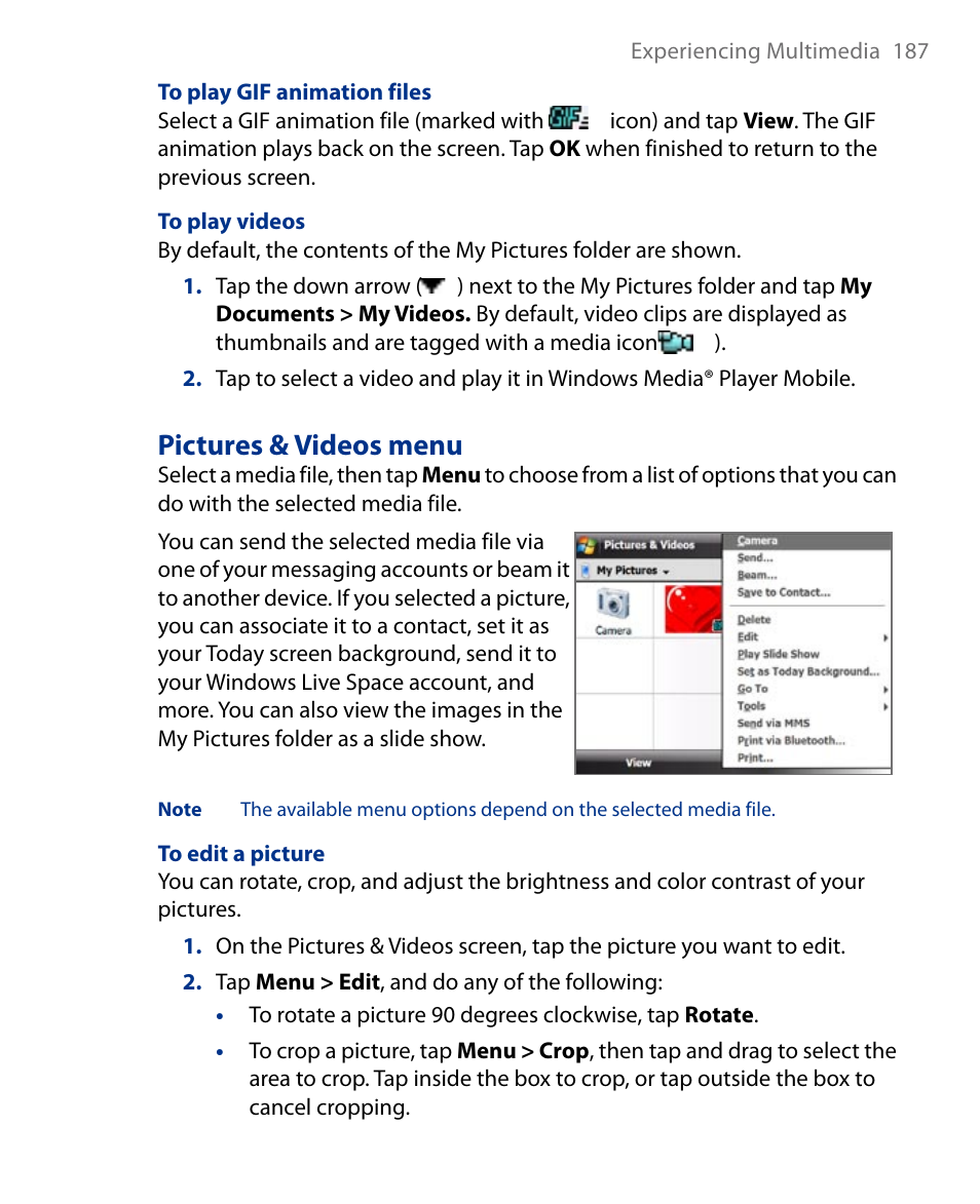 Pictures & videos menu | Insignia X7510 User Manual | Page 187 / 241