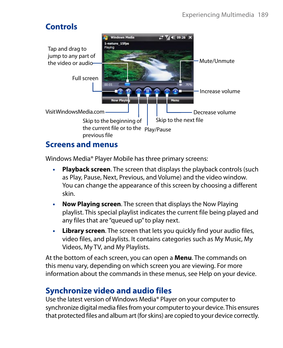 Controls, Screens and menus, Synchronize video and audio files | Insignia X7510 User Manual | Page 189 / 241