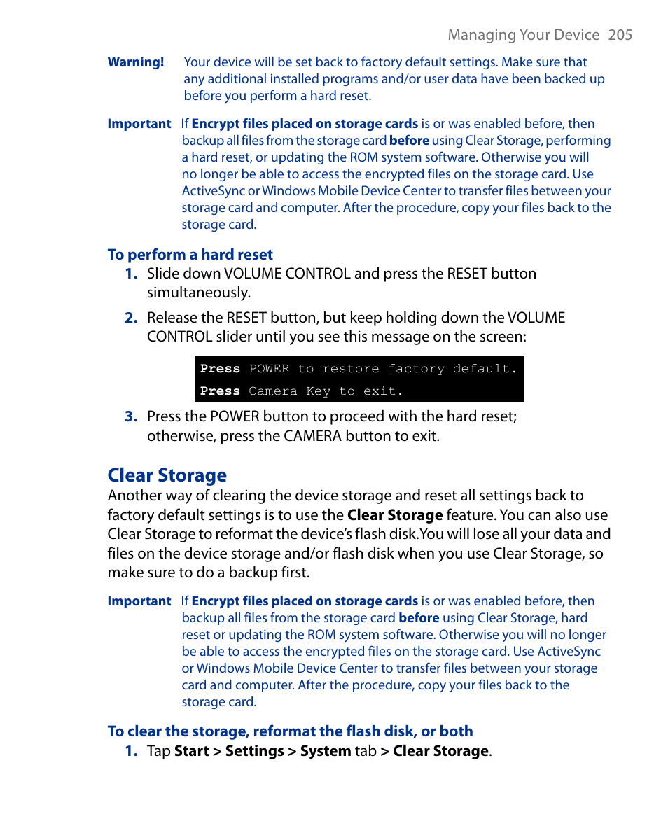 Clear storage | Insignia X7510 User Manual | Page 205 / 241