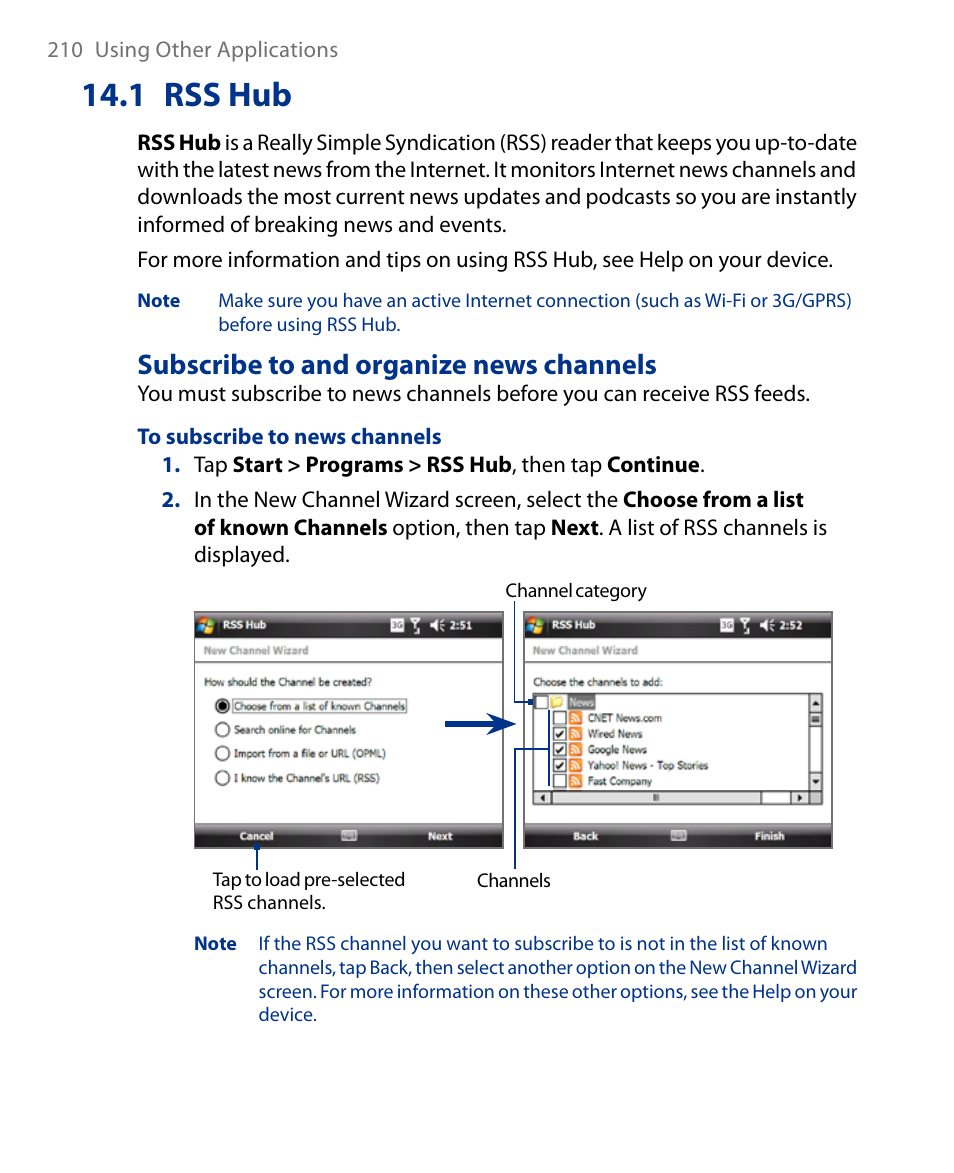 1 rss hub, Subscribe to and organize news channels | Insignia X7510 User Manual | Page 210 / 241