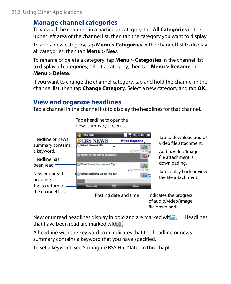 Manage channel categories, View and organize headlines | Insignia X7510 User Manual | Page 212 / 241