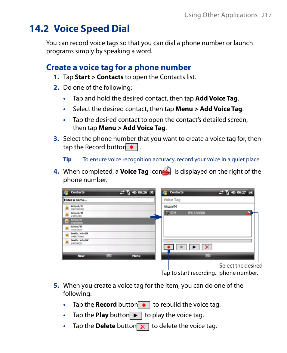 2 voice speed dial, Create a voice tag for a phone number | Insignia X7510 User Manual | Page 217 / 241