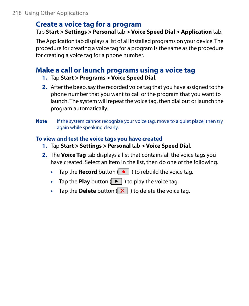 Create a voice tag for a program, Make a call or launch programs using a voice tag | Insignia X7510 User Manual | Page 218 / 241