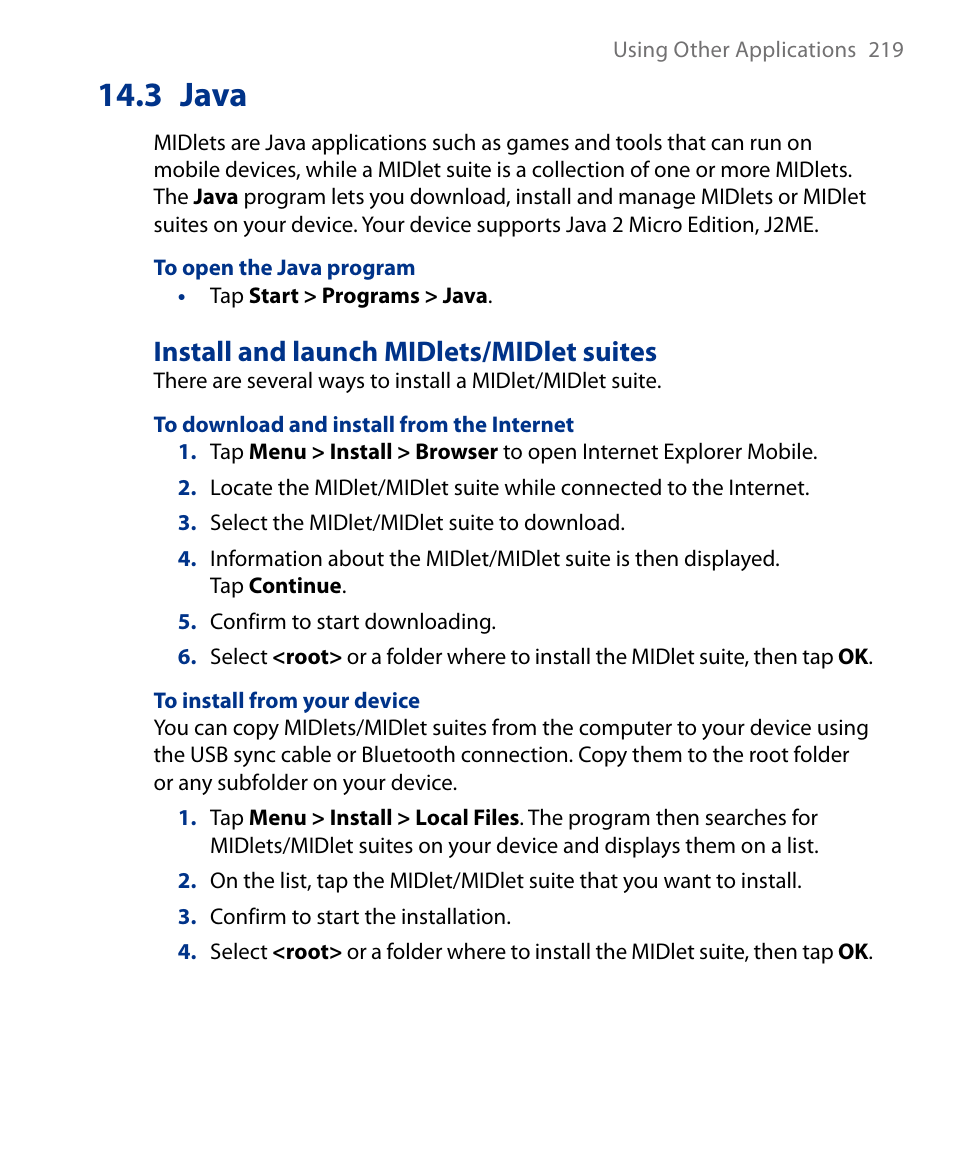 3 java, Install and launch midlets/midlet suites | Insignia X7510 User Manual | Page 219 / 241