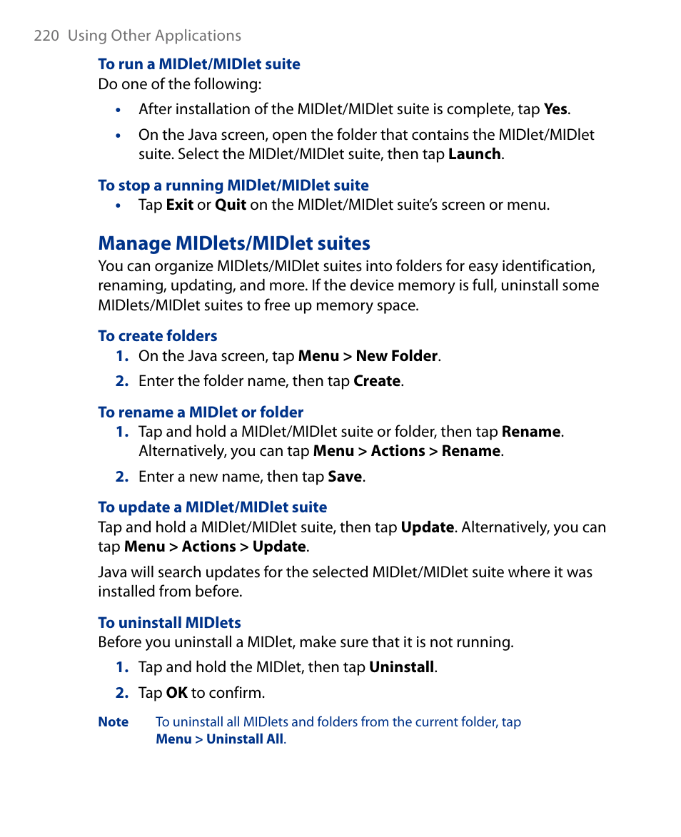 Manage midlets/midlet suites | Insignia X7510 User Manual | Page 220 / 241