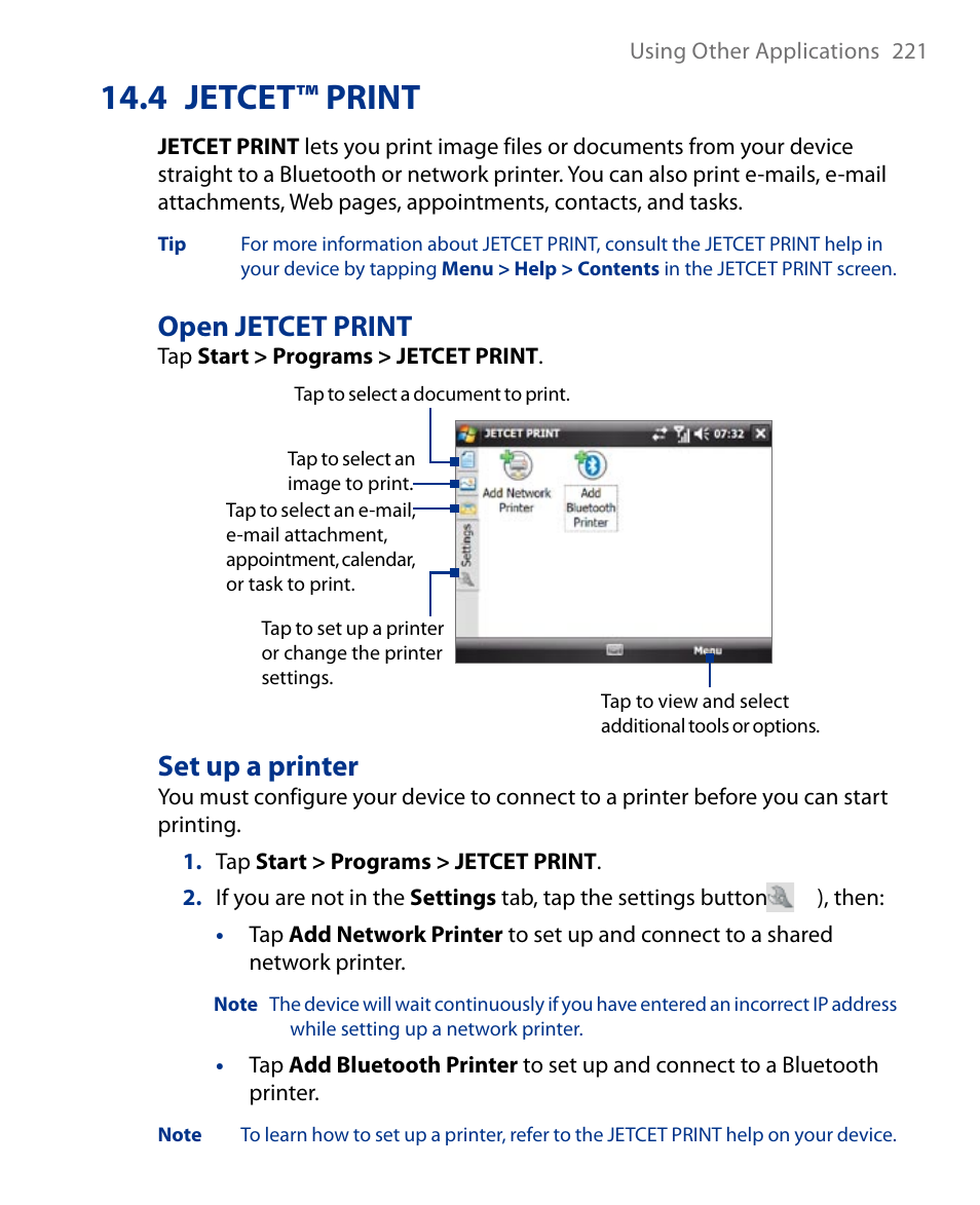 4 jetcet™ print, Open jetcet print, Set up a printer | Insignia X7510 User Manual | Page 221 / 241