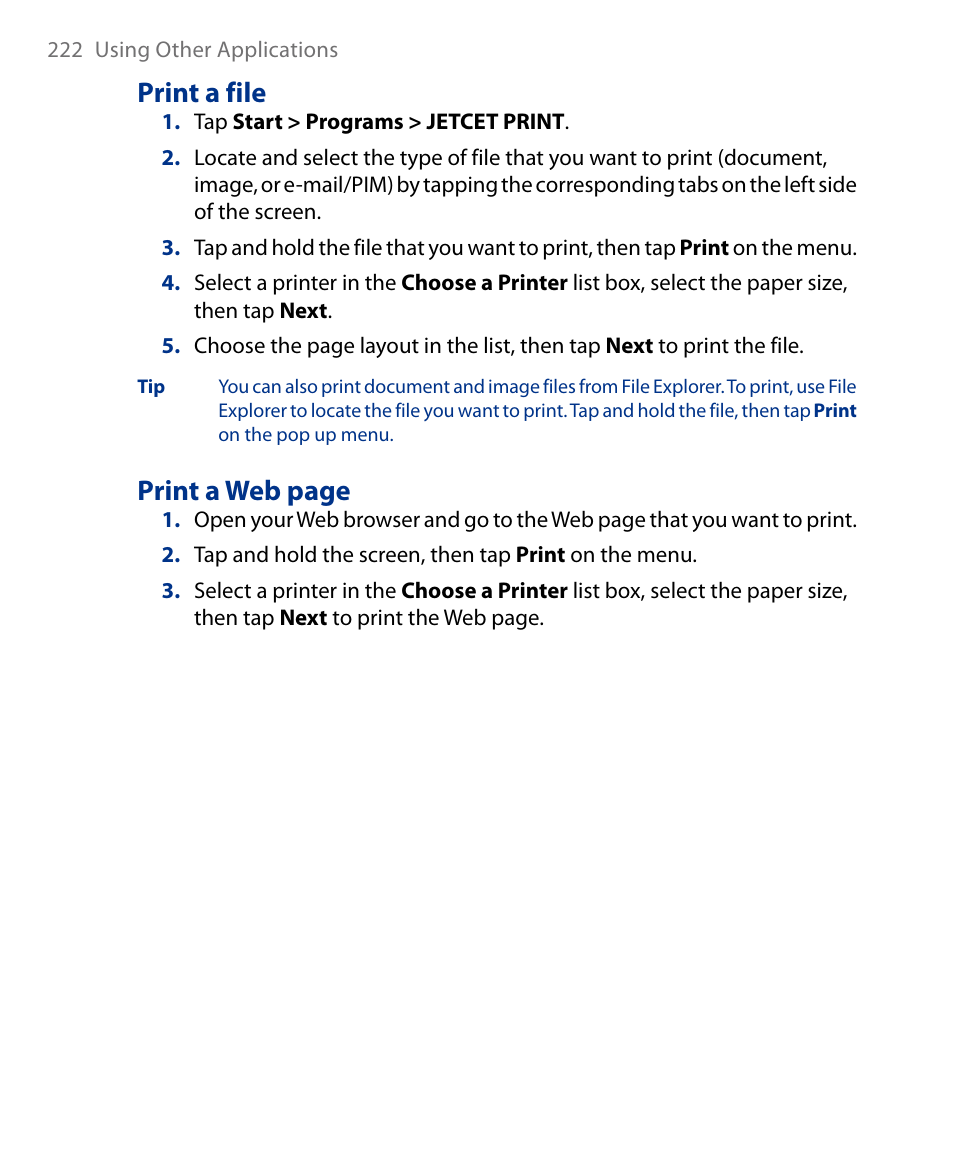 Print a file, Print a web page | Insignia X7510 User Manual | Page 222 / 241