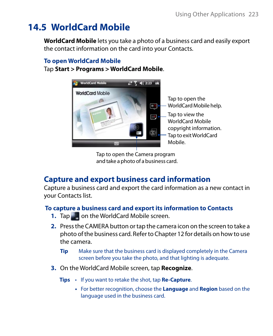 5 worldcard mobile, Capture and export business card information | Insignia X7510 User Manual | Page 223 / 241