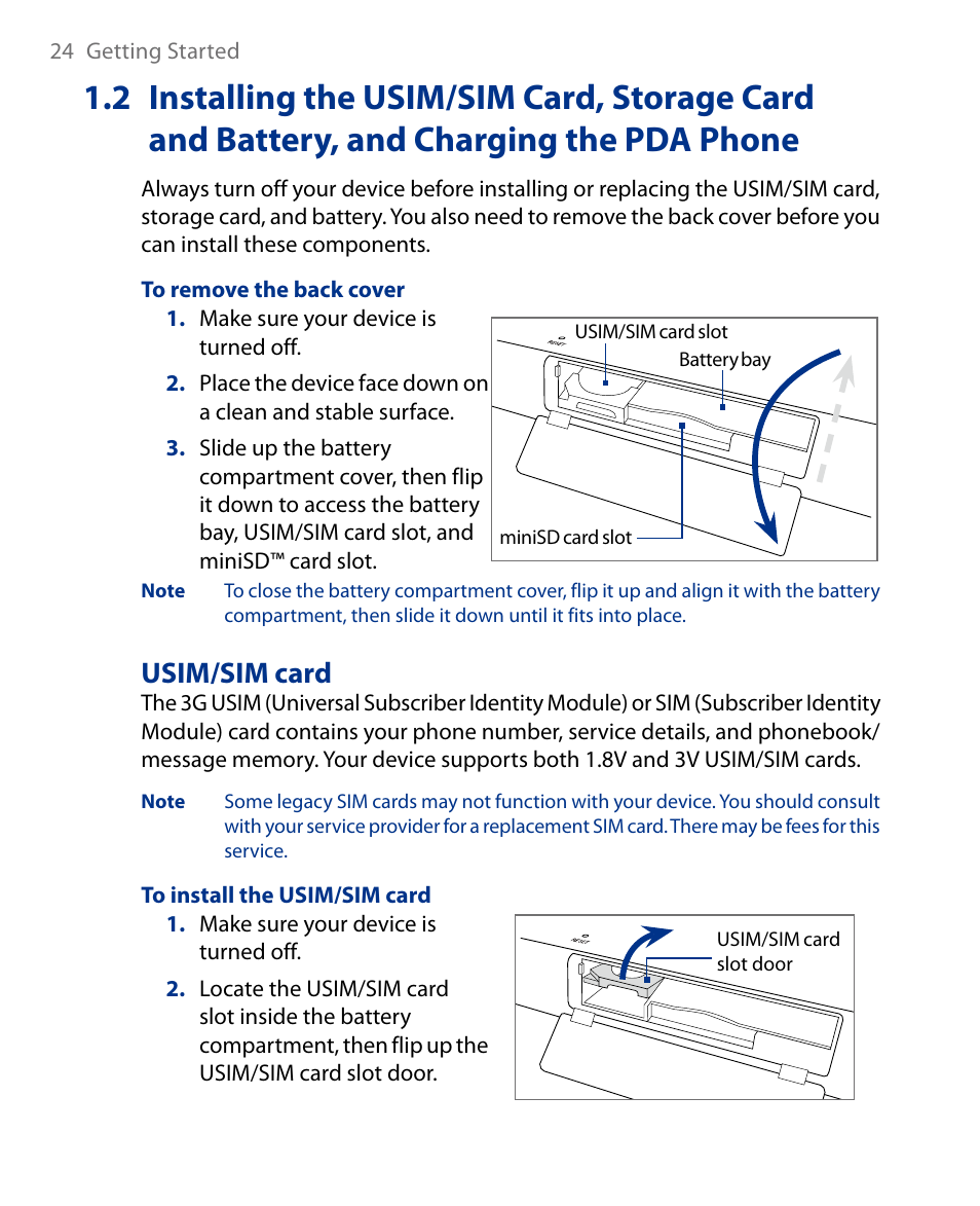 And charging the pda phone, 2 installing the usim/sim card, storage card, And battery, and charging the pda phone | Usim/sim card | Insignia X7510 User Manual | Page 24 / 241