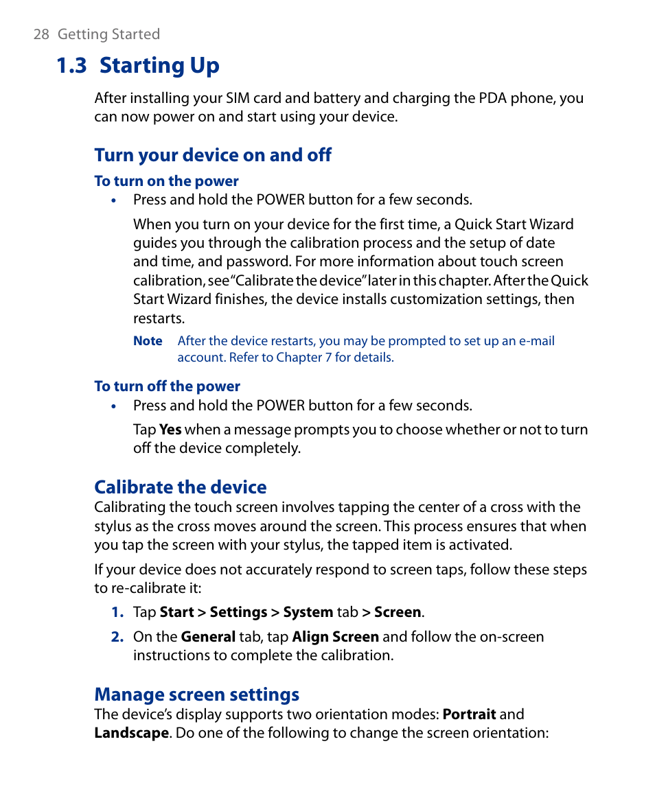3 starting up, Turn your device on and off, Calibrate the device | Manage screen settings | Insignia X7510 User Manual | Page 28 / 241