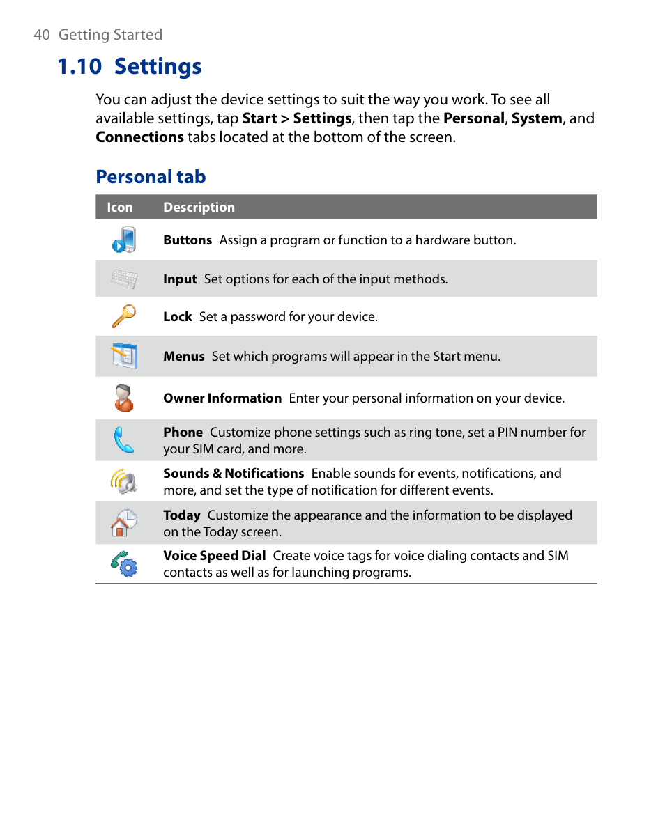 10 settings, Personal tab | Insignia X7510 User Manual | Page 40 / 241