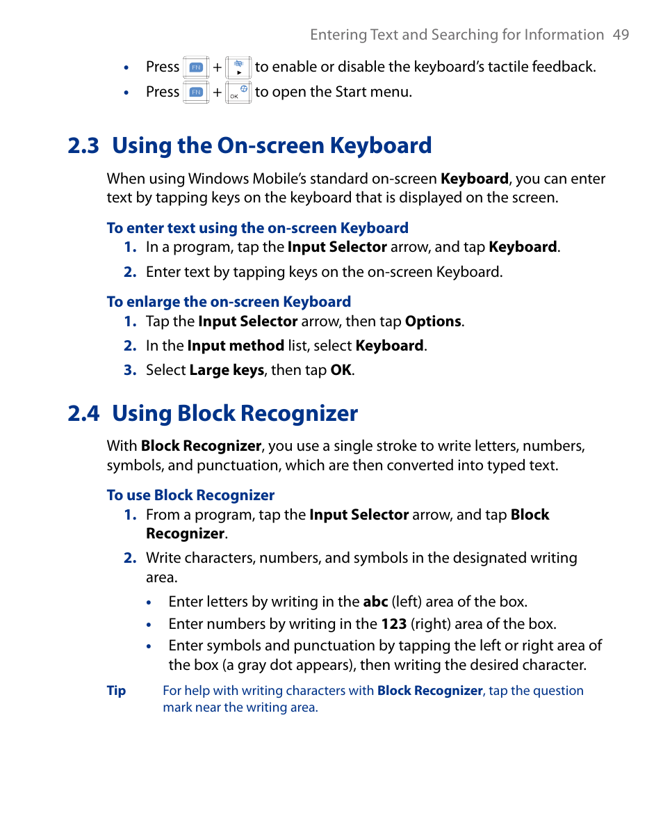 3 using the on-screen keyboard, 4 using block recognizer | Insignia X7510 User Manual | Page 49 / 241