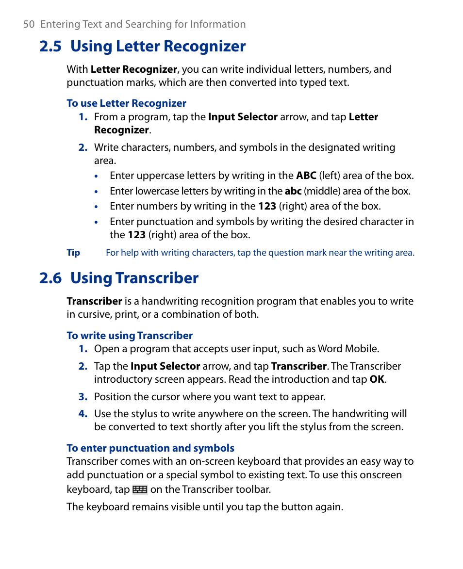 5 using letter recognizer, 6 using transcriber, 5 using letter recognizer 2.6 using transcriber | Insignia X7510 User Manual | Page 50 / 241