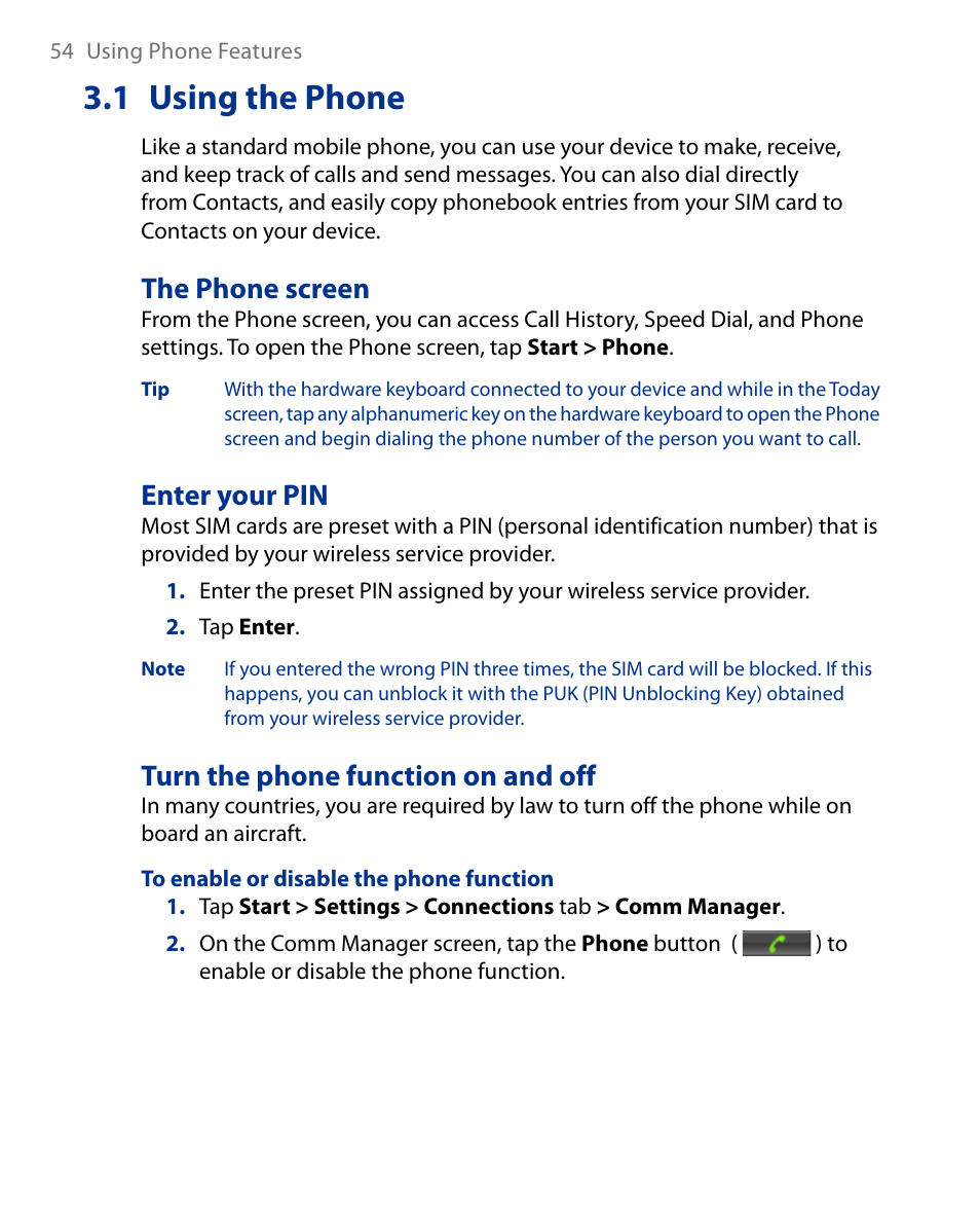 1 using the phone, The phone screen, Enter your pin | Turn the phone function on and off | Insignia X7510 User Manual | Page 54 / 241