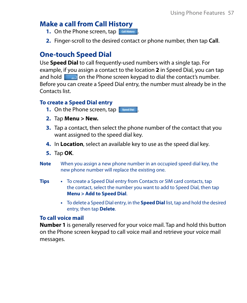 Make a call from call history, One-touch speed dial | Insignia X7510 User Manual | Page 57 / 241