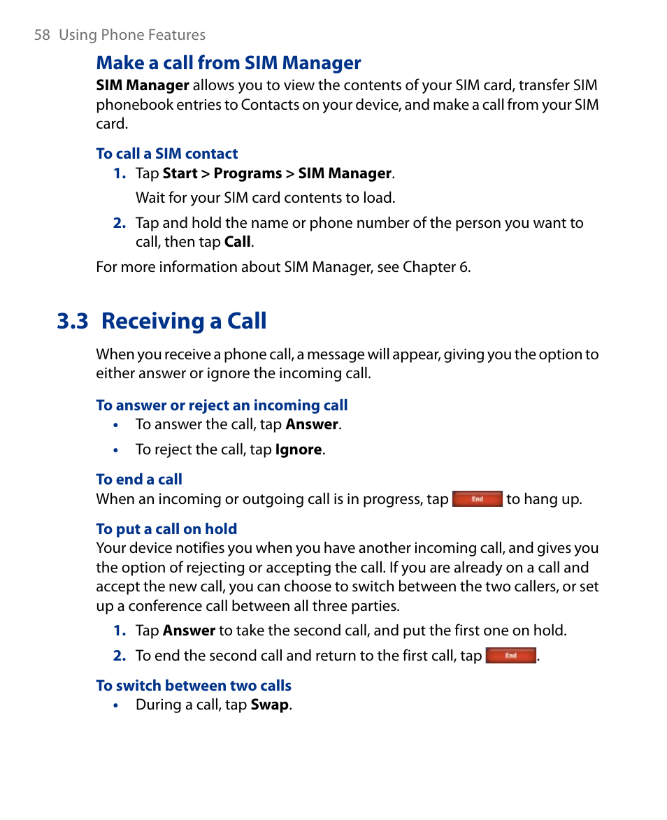 3 receiving a call, Make a call from sim manager | Insignia X7510 User Manual | Page 58 / 241