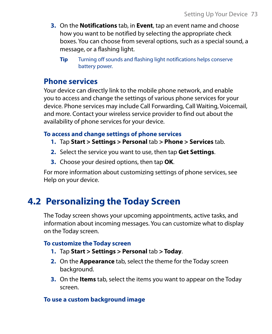 2 personalizing the today screen, Phone services | Insignia X7510 User Manual | Page 73 / 241