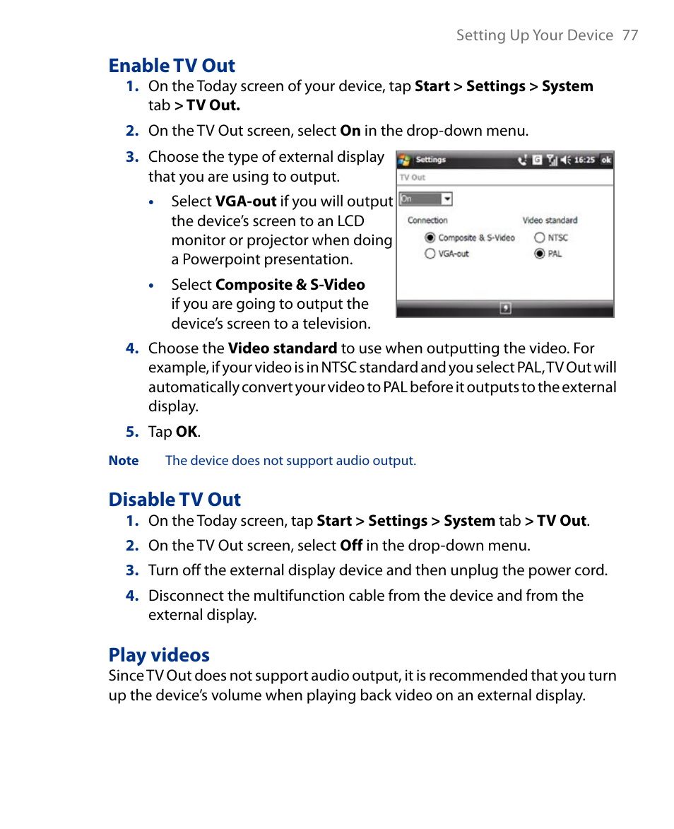 Enable tv out, Disable tv out, Play videos | Insignia X7510 User Manual | Page 77 / 241