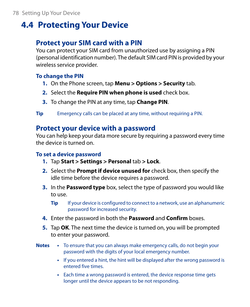 4 protecting your device, Protect your sim card with a pin, Protect your device with a password | Insignia X7510 User Manual | Page 78 / 241