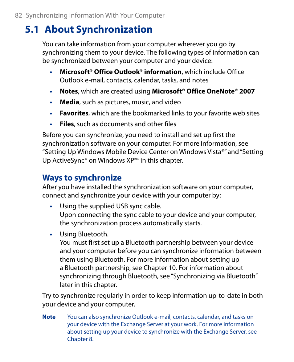 1 about synchronization, Ways to synchronize | Insignia X7510 User Manual | Page 82 / 241