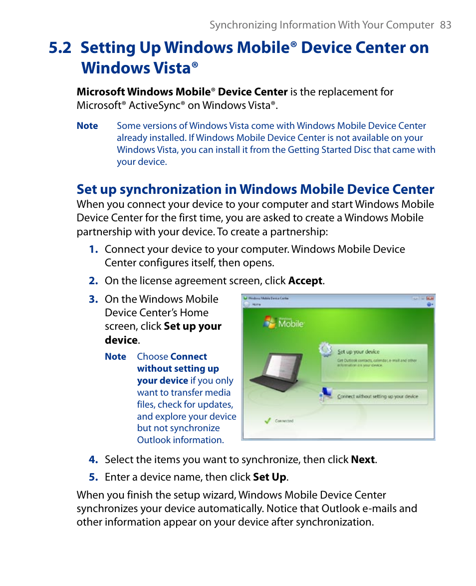 2 setting up windows mobile® device center on, Windows vista, 2 setting up windows mobile® device | Center on windows vista | Insignia X7510 User Manual | Page 83 / 241