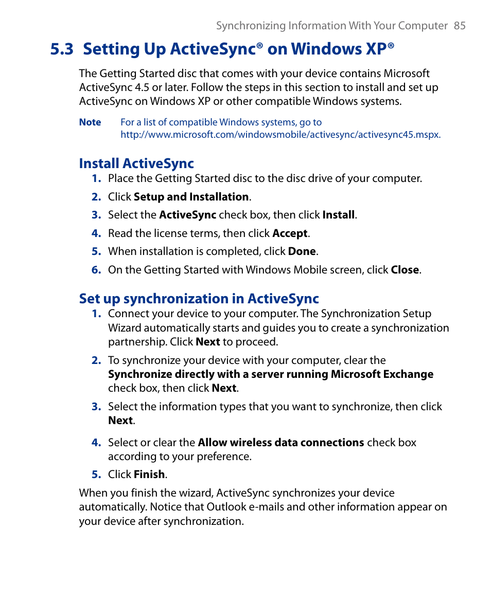 3 setting up activesync® on windows xp, Install activesync, Set up synchronization in activesync | Insignia X7510 User Manual | Page 85 / 241