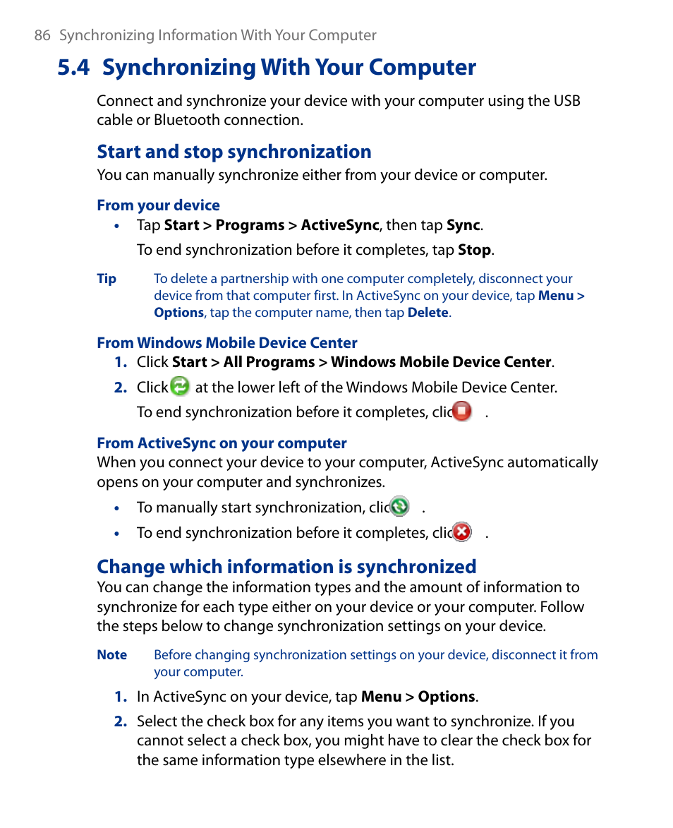 4 synchronizing with your computer, Start and stop synchronization, Change which information is synchronized | Insignia X7510 User Manual | Page 86 / 241