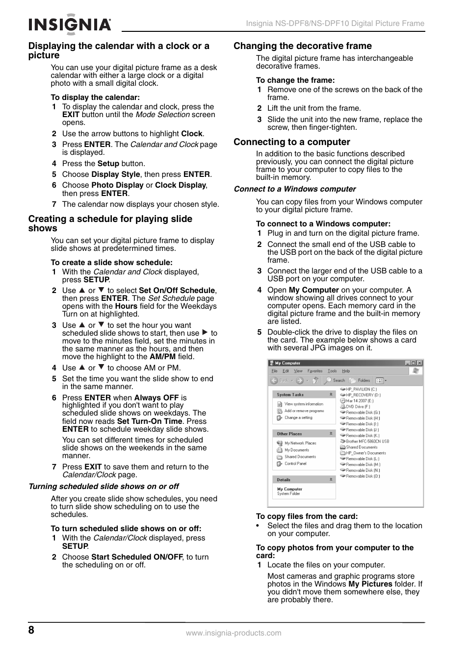 Displaying the calendar with a clock or a picture, Creating a schedule for playing slide shows, Turning scheduled slide shows on or off | Changing the decorative frame, Connecting to a computer, Connect to a windows computer | Insignia NS-DPF8 User Manual | Page 10 / 14