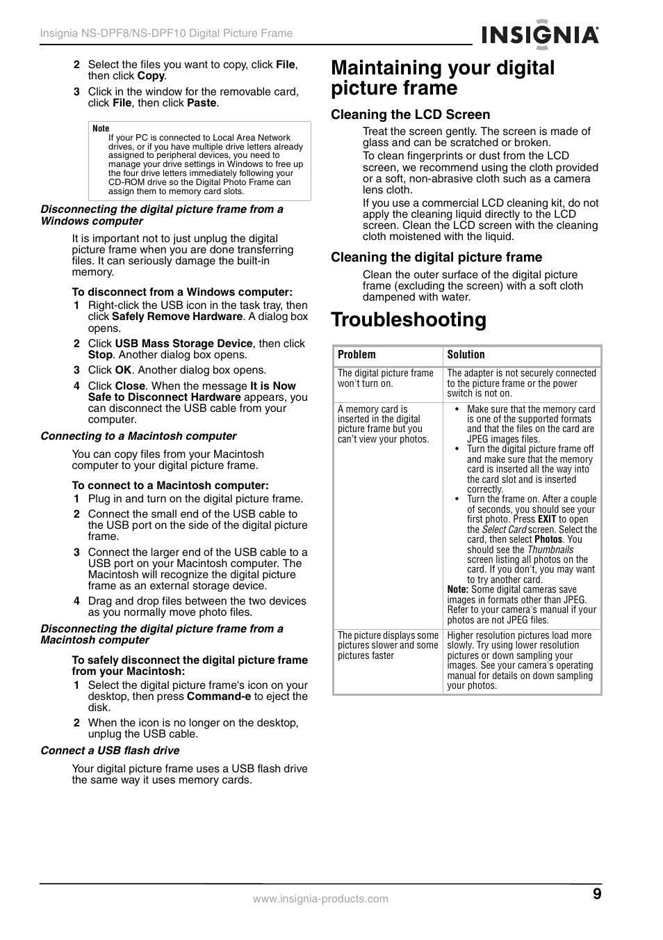 Connecting to a macintosh computer, Connect a usb flash drive, Maintaining your digital picture frame | Cleaning the lcd screen, Cleaning the digital picture frame, Troubleshooting | Insignia NS-DPF8 User Manual | Page 11 / 14