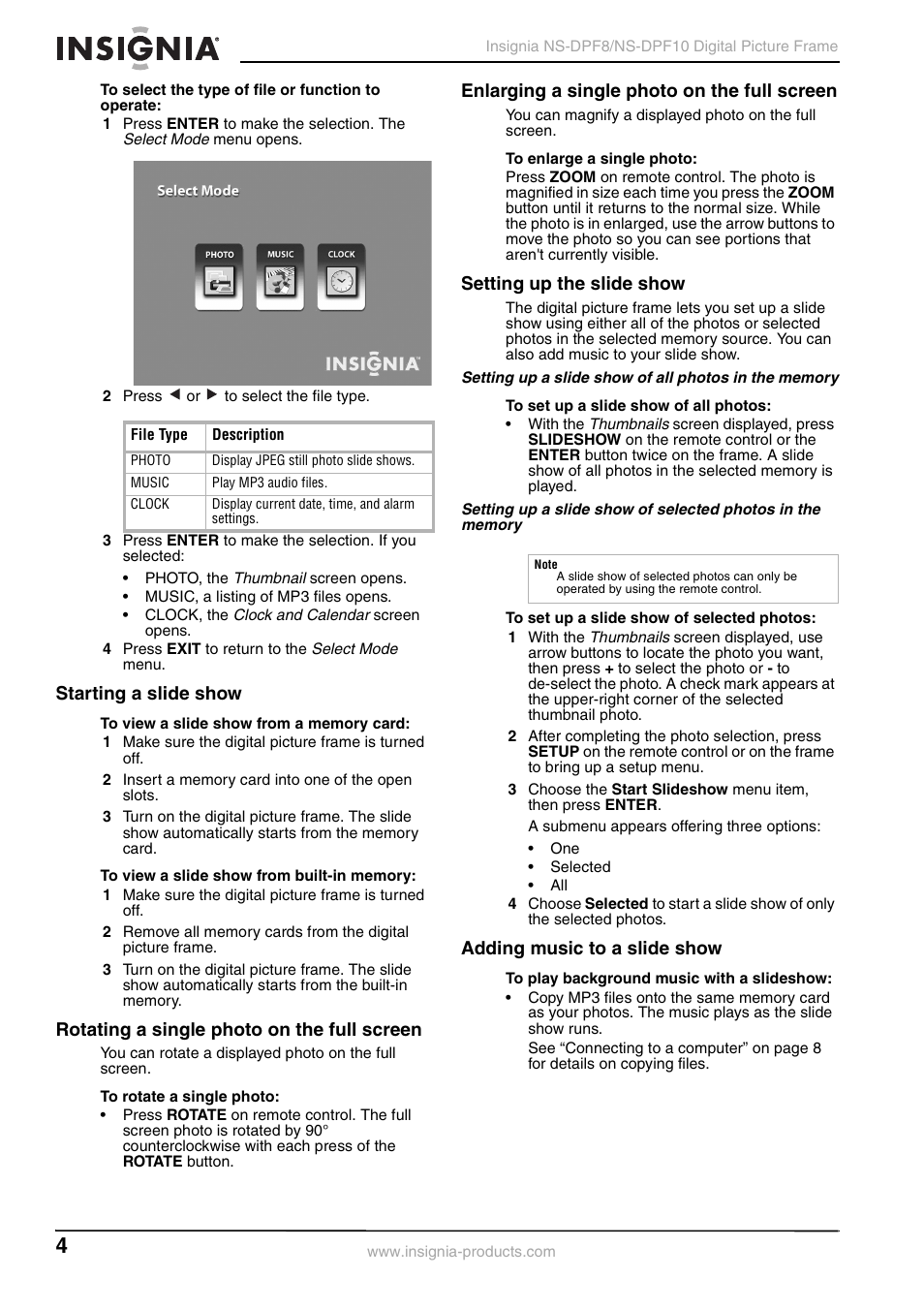 Starting a slide show, Rotating a single photo on the full screen, Enlarging a single photo on the full screen | Setting up the slide show, Adding music to a slide show | Insignia NS-DPF8 User Manual | Page 6 / 14