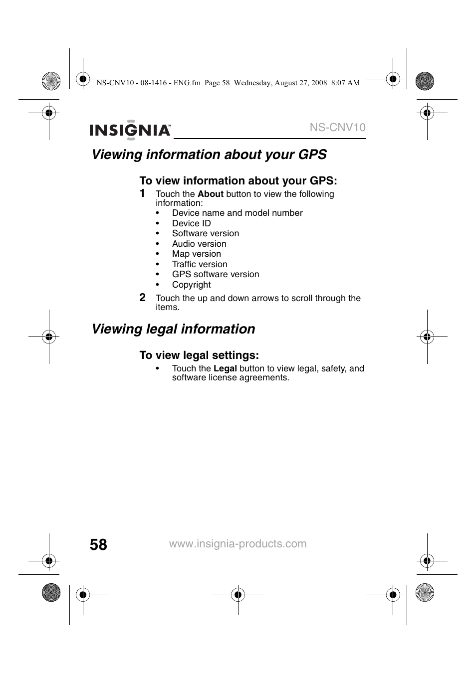 Viewing information about your gps, Viewing legal information | Insignia NS-CNV10 User Manual | Page 60 / 72