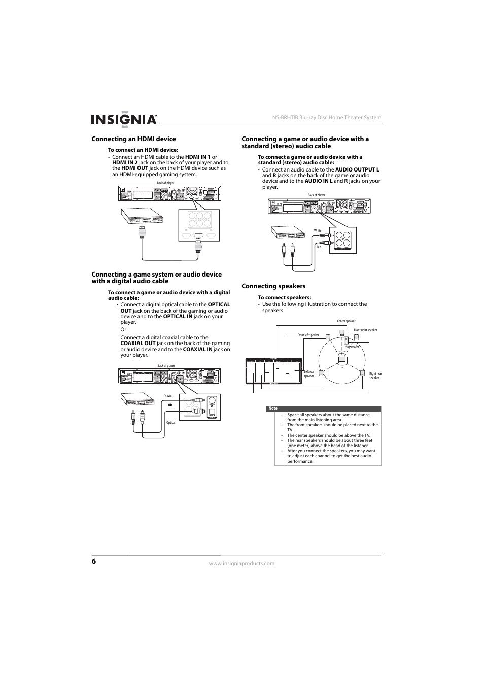 Connecting an hdmi device, Connecting speakers | Insignia NS-BRHTIB User Manual | Page 10 / 36