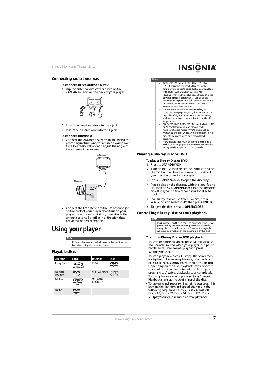 Connecting radio antennas, Using your player, Playable discs | Playing a blu-ray disc or dvd, Controlling blu-ray disc or dvd playback | Insignia NS-BRHTIB User Manual | Page 11 / 36