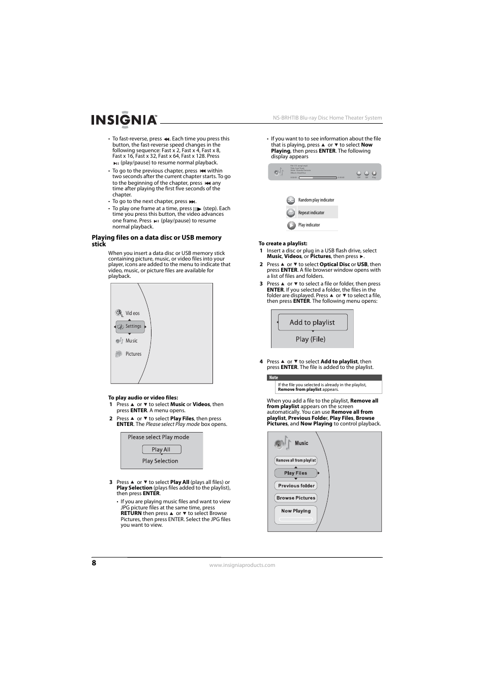 Playing files on a data disc or usb memory stick | Insignia NS-BRHTIB User Manual | Page 12 / 36