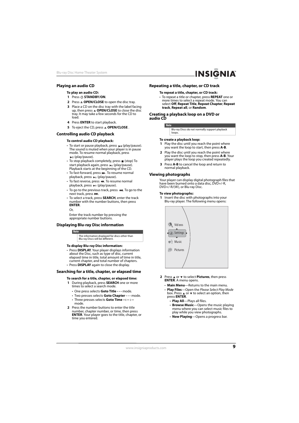 Playing an audio cd, Controlling audio cd playback, Displaying blu-ray disc information | Searching for a title, chapter, or elapsed time, Repeating a title, chapter, or cd track, Creating a playback loop on a dvd or audio cd, Viewing photographs, Repeating a title, chapter, or cd track” o | Insignia NS-BRHTIB User Manual | Page 13 / 36