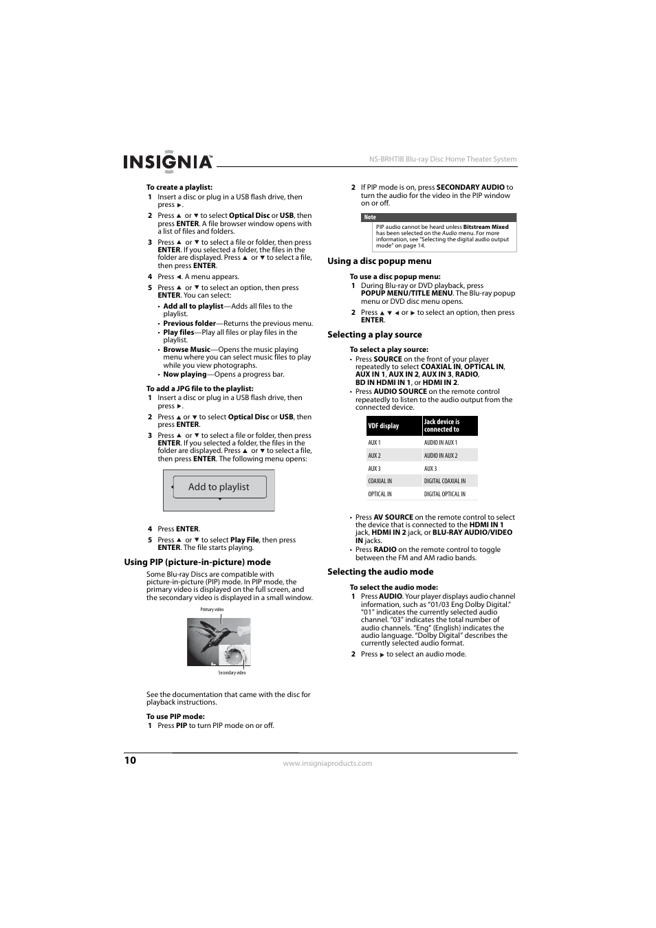 Using pip (picture-in-picture) mode, Using a disc popup menu, Selecting a play source | Selecting the audio mode, See “using pip (picture-in-picture) mode” o, Using pip (picture-in-picture) mode” o | Insignia NS-BRHTIB User Manual | Page 14 / 36