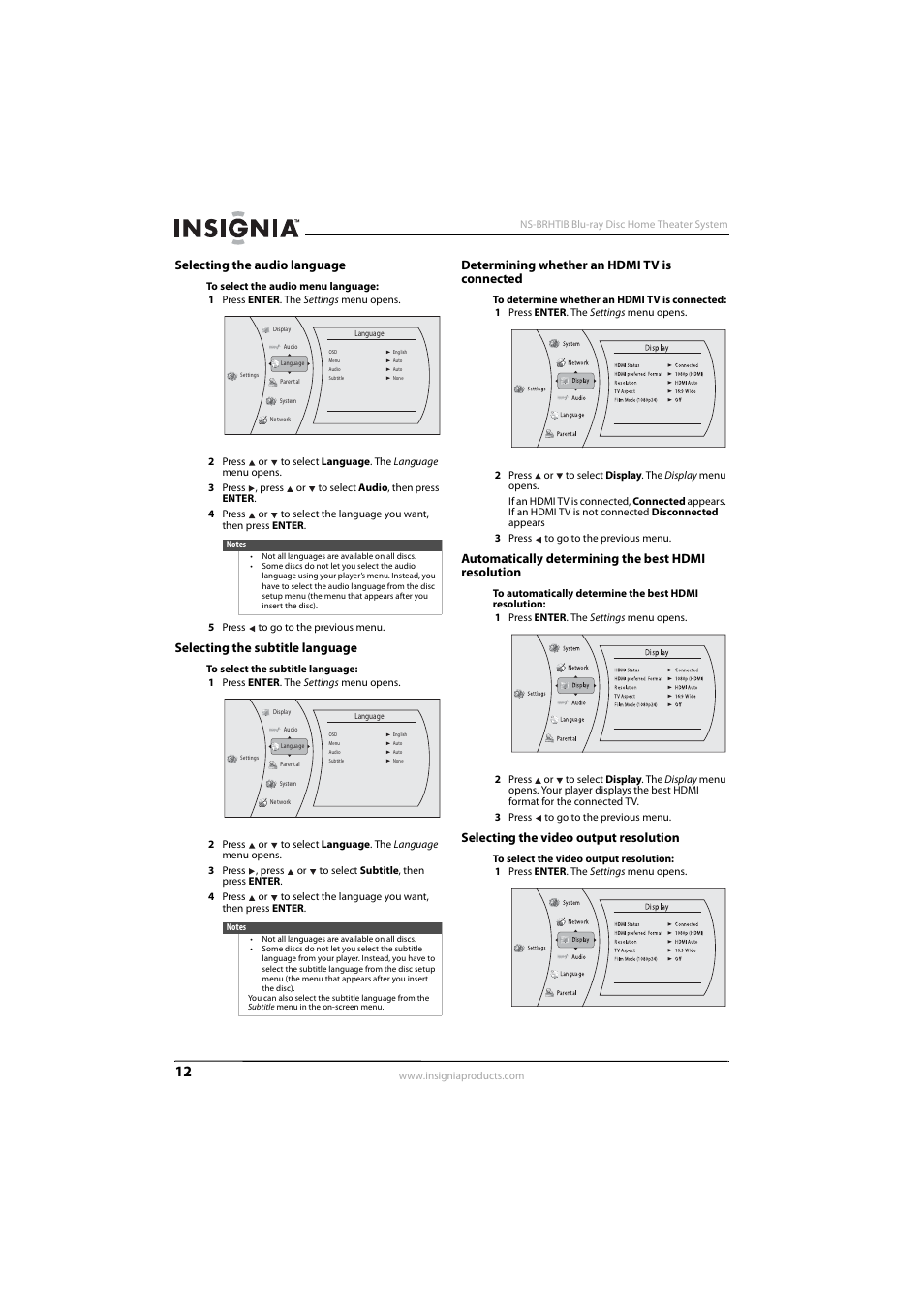 Selecting the audio language, Selecting the subtitle language, Determining whether an hdmi tv is connected | Automatically determining the best hdmi resolution, Selecting the video output resolution | Insignia NS-BRHTIB User Manual | Page 16 / 36