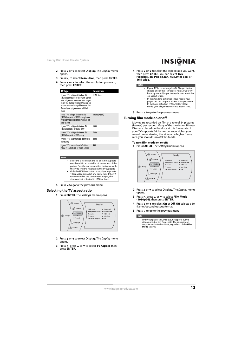 Selecting the tv aspect ratio, Turning film mode on or off | Insignia NS-BRHTIB User Manual | Page 17 / 36